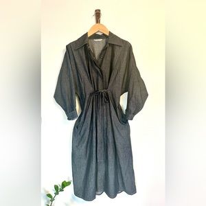 Revelle Collection Apero Dress- Long sleeve with tie- waist in black chambray